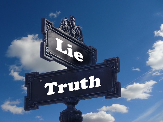 A street sign at an intersection, with one direction labeled as "truth" and the other direction labeled as "lie"